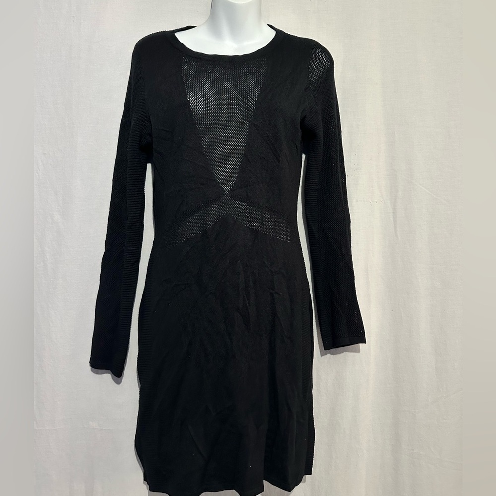 Oh MG! Black Long Sleeve Knit Sweater Dress Mesh Detail Size XL
